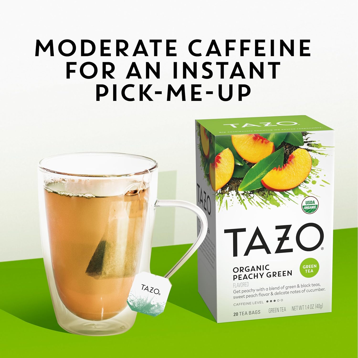 Tazo Organic Peachy Green Tea Bags, Moderate Caffeinated Tea, 120 Total Tea Bags (20Ct - Pack Of 6)