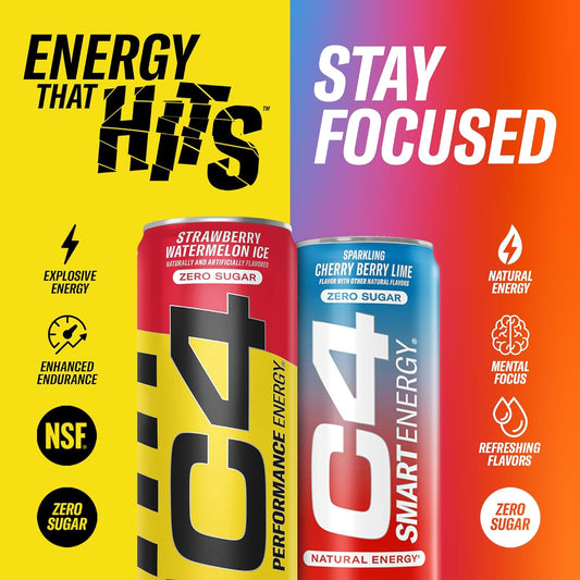 C4 Performance & Smart Energy Drink Official Variety Pack | Zero Sugar Carbonated Preworkout Energy | 150+200Mg Caffeine With Beta Alanine | 4 Flavors | 12 Fl Oz (12 Pack)