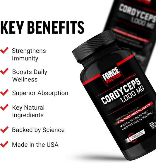 FORCE FACTOR Cordyceps Capsules with 1000mg of Cordyceps Sinensis Mushroom Extract, Traditionally Used to Improve Vitality, with BioPerine for Quick Absorption, Key Natural Ingredients, 60 Capsules