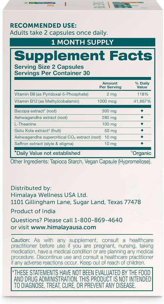 Himalaya Focused Mind With Ashwagandha, Bacopa & L-Theanine For Focus, Energy And Attention, 60 Capsules, 1 Month Supply, Vegan, Gluten Free