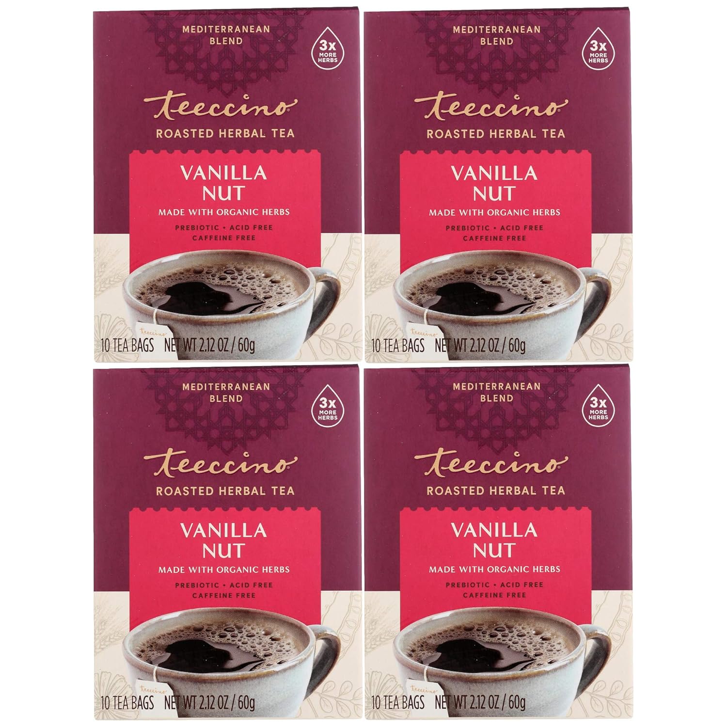 Teeccino Vanilla Nut Herbal Tea - Rich & Roasted Herbal Tea That’S Caffeine Free & Prebiotic For Natural Energy, 10 Tea Bags (Pack Of 4)