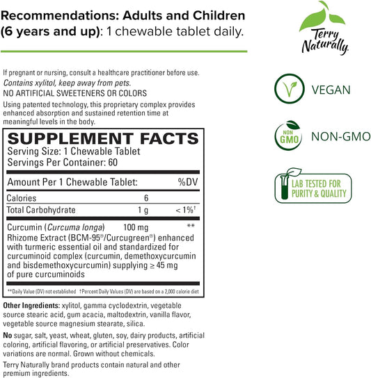 Terry Naturally CuraMed 100mg Curcumin Complex - 60 Chewable Tablets - with Turmeric Essential Oil - Supports Liver, Brain & Immune Health - Non-GMO, Vegan - 60 Servings