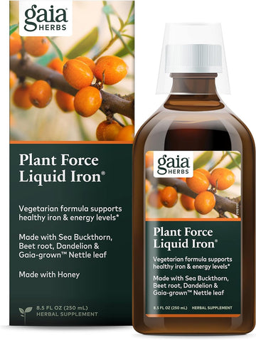 Gaia Herbs Plant Force Liquid Iron - Vegetarian Iron Supplement To Help Maintain Healthy Iron & Energy Levels - With Star Anise, Sea Buckthorn, Beet Root, Dandelion & Nettle - 8.5 Fl Oz (25 Servings)