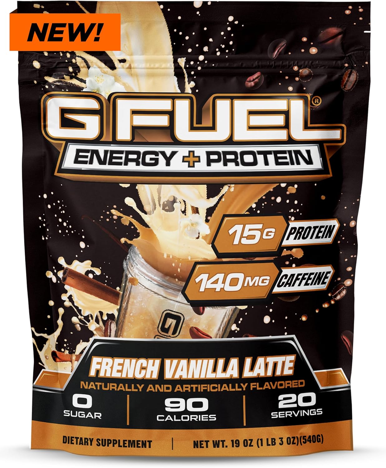 G Fuel Energy + Protein Powder Mix, French Vanilla Latte Flavor, Sugar Free, Clean Caffeine Focus Supplement, Metabolism Support, Focus Nootropics, Vitamin + Antioxidant Blend, 19 Oz (20 Servings)