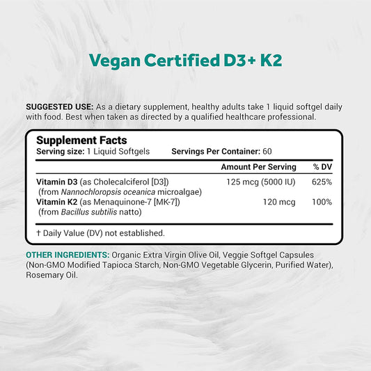 Naturalis Vegan Vitamin D3 + K2 from Algae | 5000iu Vitamin D with 120mcg MK7 Vitamin K | Vegan Society Certified, Sustainably Sourced, Better Than Animal Derived | 60 Veggie Softgels