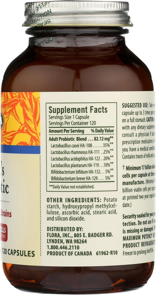 Flora - Adult'S Probiotic Blend, Six Adult-Specific Strains, Gluten Free, Raw Probiotic With 17 Billion Cells, 120 Vegetarian Capsules