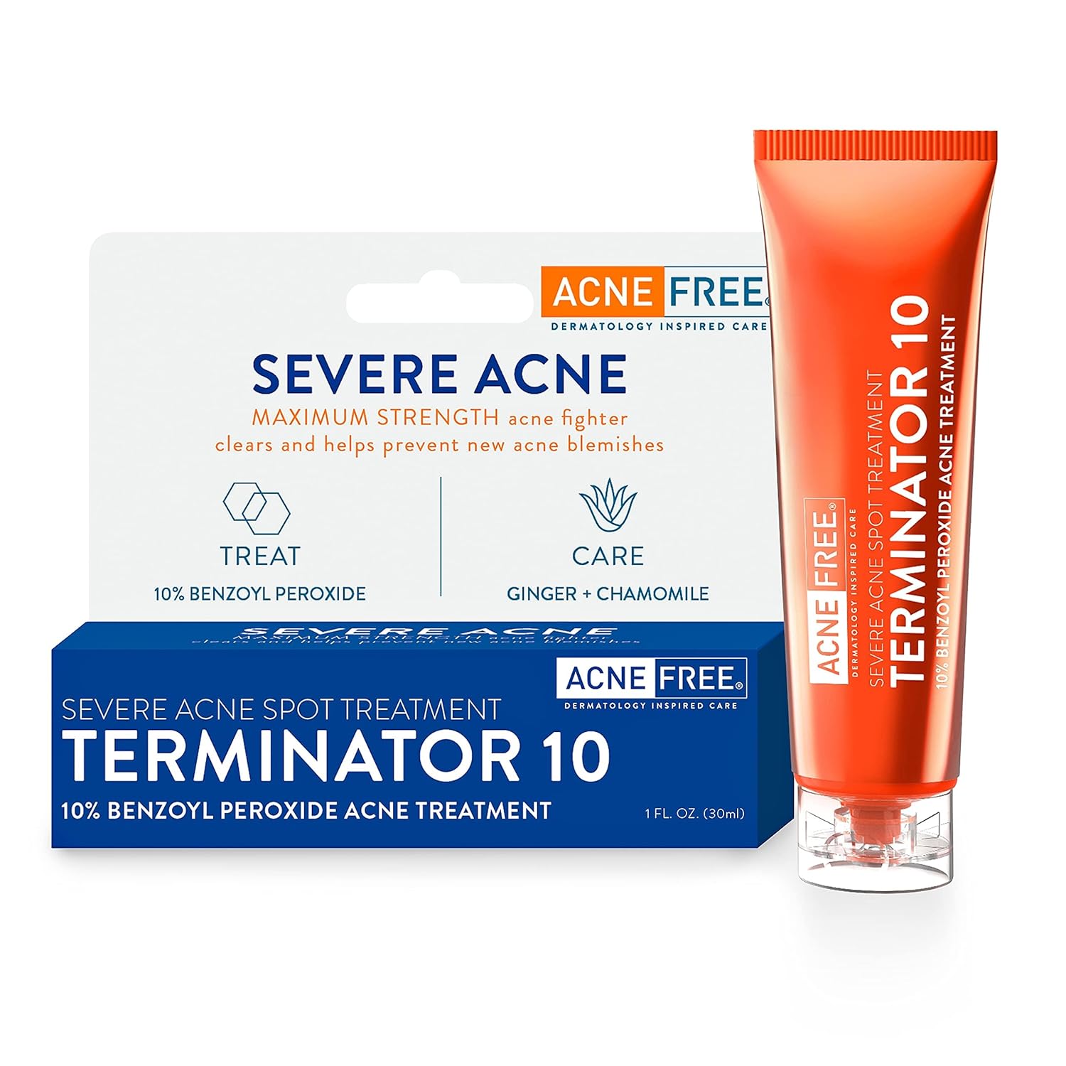 Acnefree Terminator 10 Acne Spot Treatment With Benzoyl Peroxide 10% Maximum Strength Acne Cream Treatment, 1 Ounce - Pack Of 1