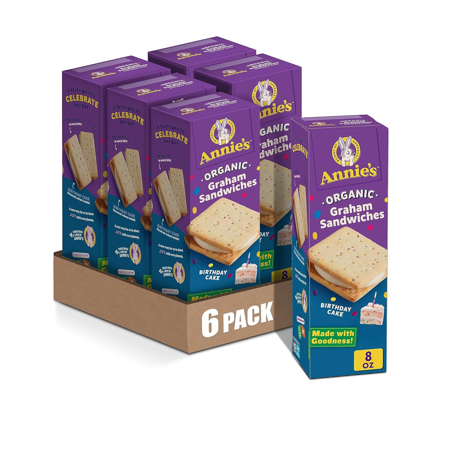 Annie'S Organic Graham Sandwich Cookies, Birthday Cake, 12 Cookies, 8 Oz. (Pack Of 6)