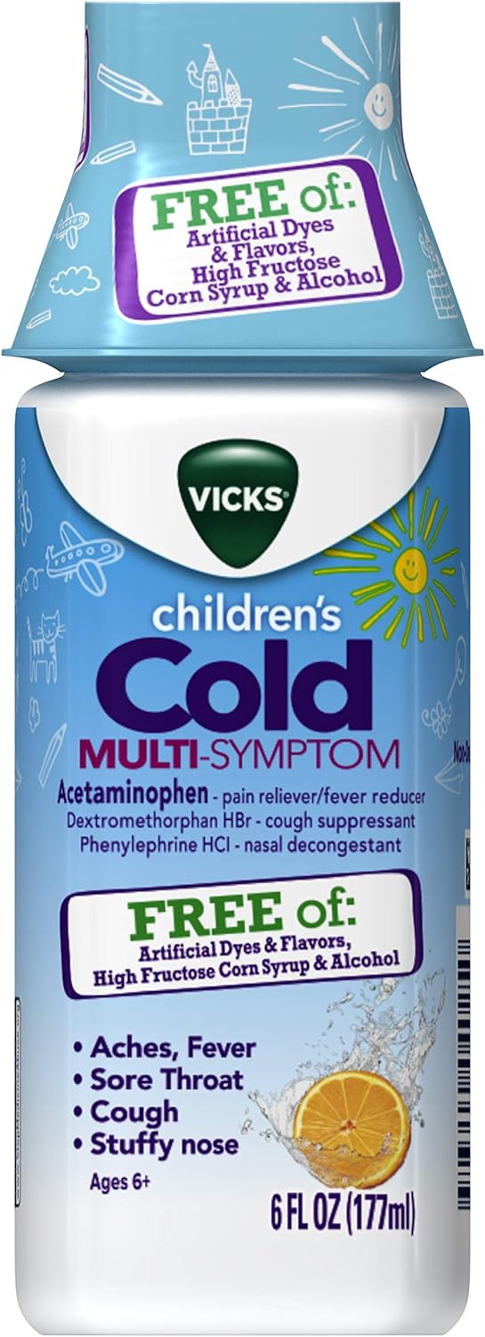 Vicks Children's Multi-Symptom Cold Relief from Cough, Sore Throat, Fever; Free of: Artificial Dyes & Flavors, High Fructose Corn Syrup & Alcohol, Citrus Orange Flavor, for Children Ages 6+, 6 FL OZ