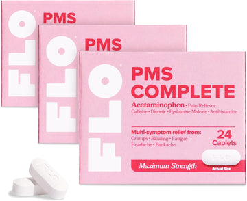Flo Pms Complete Tablets, Menstrual Pain Relief For Women, 24 Count (3 Pack) - Multi-Symptom Pain Reliever With Acetaminophen, Caffeine, & Pyrilamine Maleate For Cramps, Headaches, Backaches, Bloating