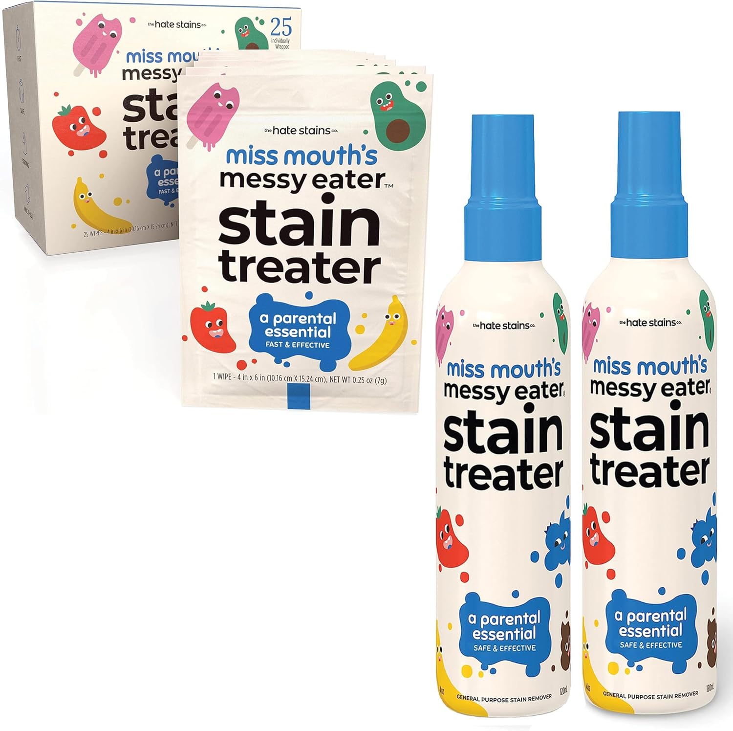 Miss Mouth's Messy Eater Stain Treater 4oz 2pack Stain Remover Spray and 25 pack of Stain Removing Wipes