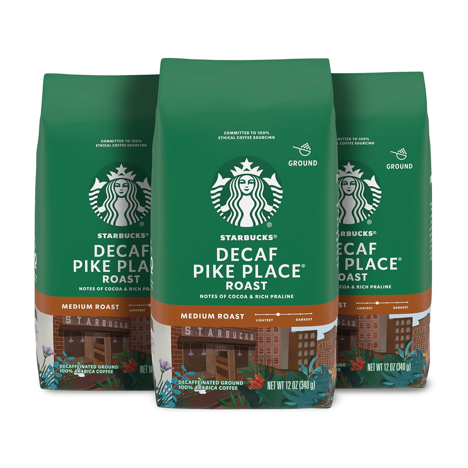 Starbucks Ground Coffee, Medium Roast Coffee, Decaf Pike Place Roast, 100% Arabica, 3 Bags (12 Oz Each)