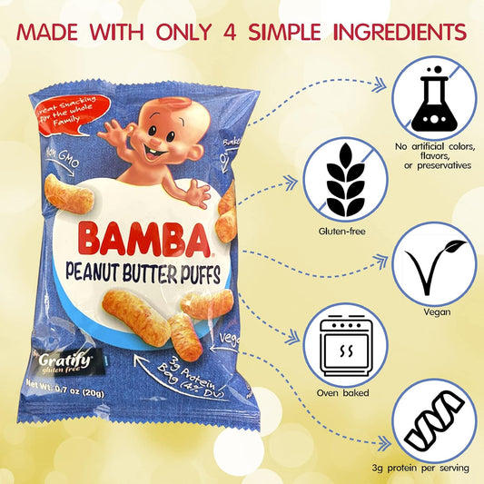 Osem Gratify Bamba Peanut Butter Snacks Bundle With Bag Clip - All Natural Peanut Butter Corn Puffs Snacks (24 Ct 0.7Oz Bags And Bamba Bag Clip)