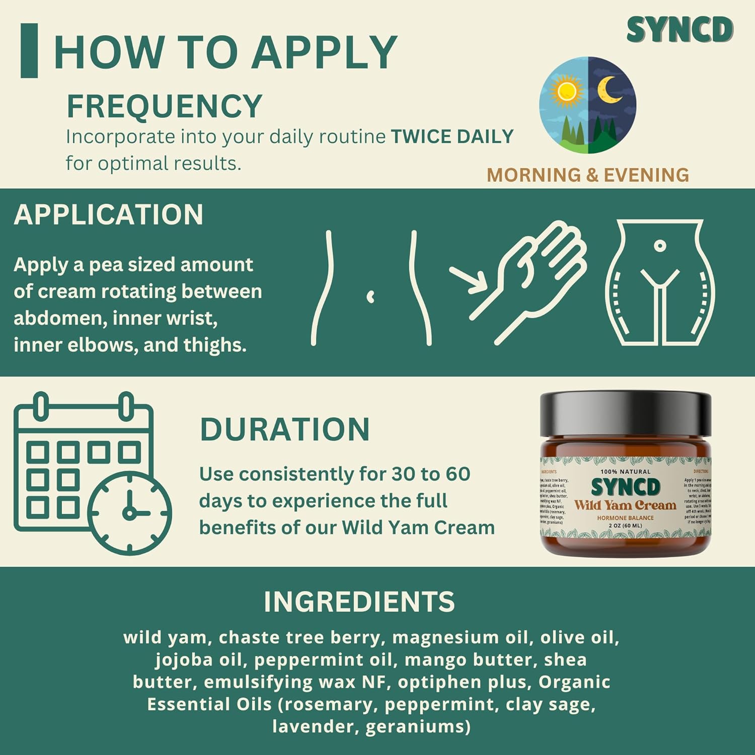 Syncd - Organic Wild Yam Cream for Hormone Balance & PMS - Menopause Relief Plant Derived Topical Cream for Hot Flashes, Menstrual Cramps & Night Sweats - Made In The USA : Health & Household