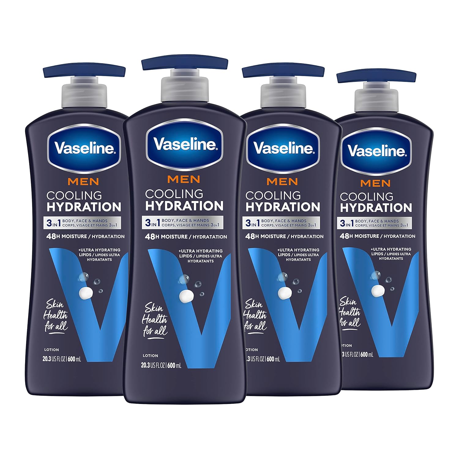 Vaseline Men Cooling Hydration 3-In-1 Face, Hands & Body Lotion For Men For Dry Skin With Menthol & Ultra-Hydrating Lipids 20.3 Oz, Pack Of 4