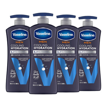 Vaseline Men Cooling Hydration 3-In-1 Face, Hands & Body Lotion For Men For Dry Skin With Menthol & Ultra-Hydrating Lipids 20.3 Oz, Pack Of 4