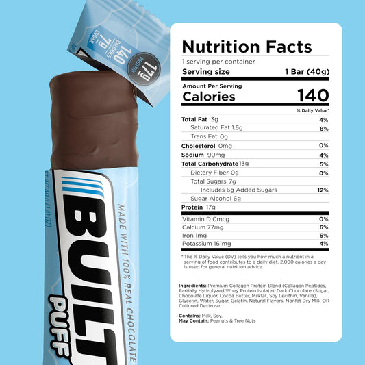 Built Protein Bars, Coconut Marshmallow Puff, 12 Count, Protein Snacks With 17G Of Protein, Collagen, Gluten Free, Chocolate Protein Bar, 140 Calories & 6G Sugar, Perfect On The Go Protein Snack