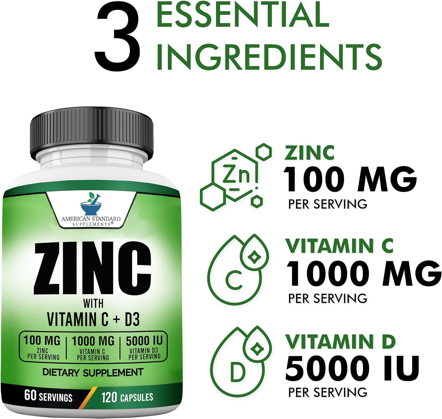 American Standard Supplements Zinc 100Mg, Vitamin C 1000Mg, And Vitamin D3 5000 Iu (125Mcg) Per Serving - Gluten Free, Non-Gmo, 120 Capsules, 60 Servings