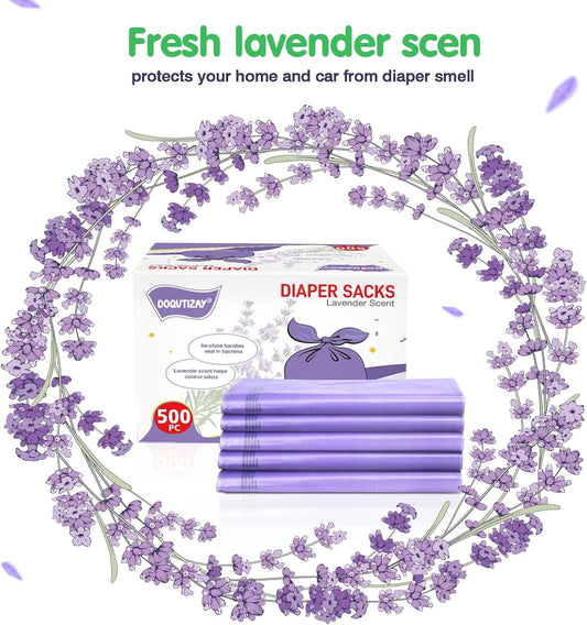 Baby Disposable Diaper Bags Easy-To-Tie Tabs Diaper Sacks With Lavender Scented Diaper Disposal Or Pet Waste Bags (500 Count)