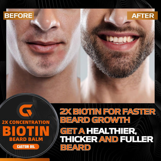 Beard Balm With 2X Concentration Biotin, Beard Growth Balm For Men - Mustache Wax & Beard Conditioner For Growth - Hydrates, Thickens Facial Hair Growth - Made With Castor Oil & Argan Oil - 2 Ounce