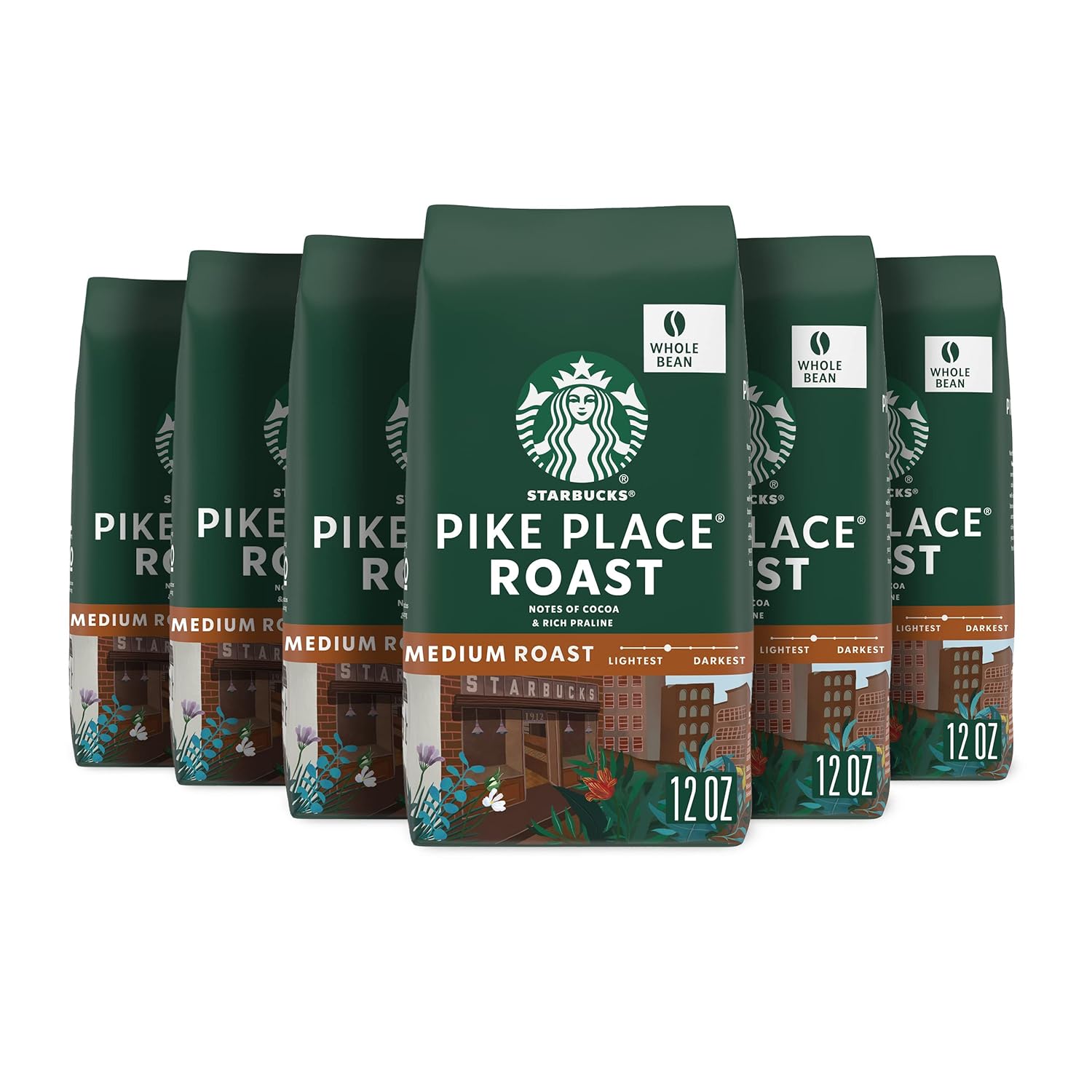 Starbucks Whole Bean Coffee, Medium Roast Coffee, Pike Place Roast, 100% Arabica, 6 Bags (12 Oz Each)