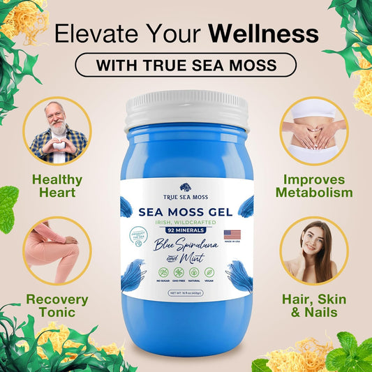 TrueSeaMoss Wildcrafted Irish Sea Moss Gel - Made with Dried Seaweed - Seamoss, Vegan-Friendly, Antioxidant Supports Thyroid & Digestion - Made in USA (Blue Spirulina, Pack of 1)