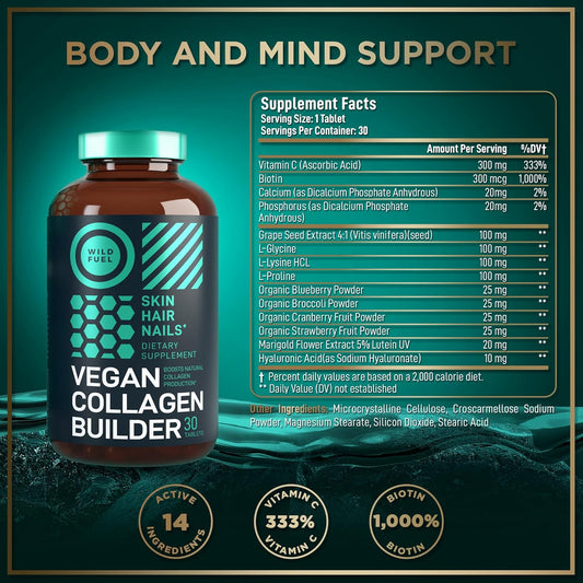 Wild Fuel Vegan Collagen Builder - Biotin, Organic Superfood, Amino Acids Glycine, Lysine, Proline Plant-Based Collagen Booster Supplements - 30 Organic Extract Tablets
