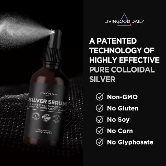 Livingood Daily Colloidal Silver Liquid Spray, Silver Serum (4 Fl Oz) - 10 PPM Colloidal Silver Spray for Eyes, Mouth, Ears, Nose & Skin - Immune Support Supplement for Urinary Health - Non-GMO, Vegan