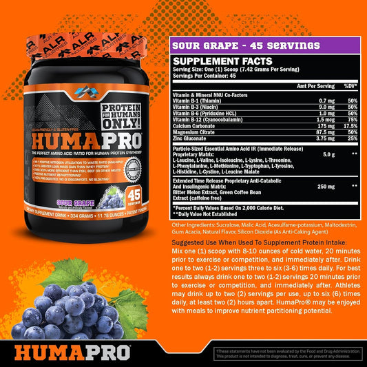 Humapro | Amino Acids Protein Matrix For Humans | 99% Utilization For Lean Muscle | Vegan, Gluten Free | 334G / 45 Servings (Sour Grape)