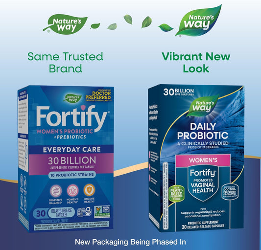 Nature'S Way Fortify Daily Probiotic For Women, 30 Billion Live Cultures, 10 Strains, Prebiotics, Supports Digestive & Immune Health*, No Refrigeration Required, 30 Capsules (Packaging May Vary)