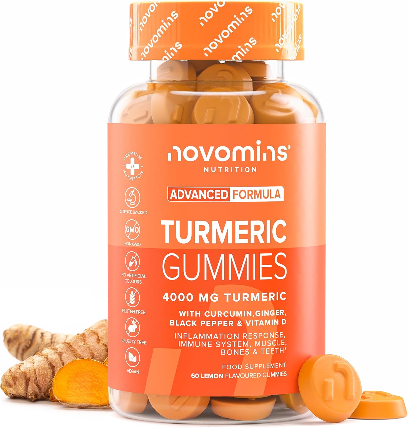 Turmeric Gummies – 4000Mg High Strength Turmeric And Ginger Gummies With Curcumin, Black Pepper & Vitamin D – Tumeric Supplements Joint Support –Immunity, Muscle & Bone – Novomins
