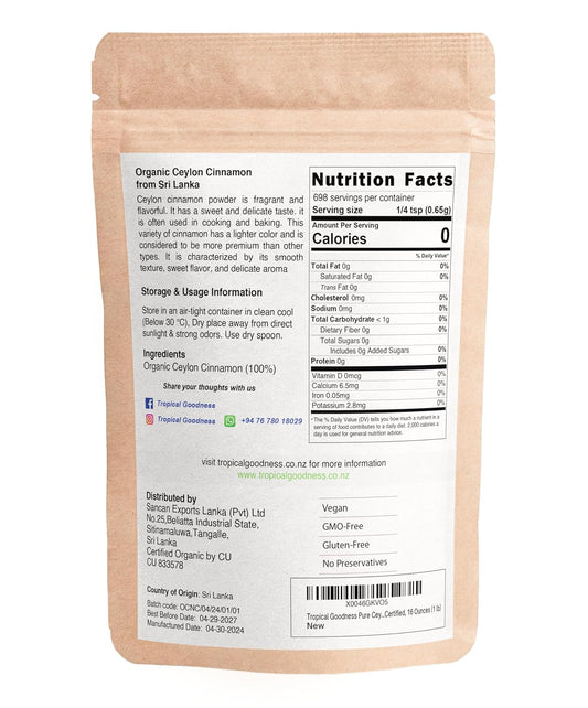Tropical Goodness Organic Ceylon Cinnamon Powder 16Oz/1Lb, Authentic Tropical Flavour, Usda & Kosher Certified, Non-Gmo, Gluten-Free