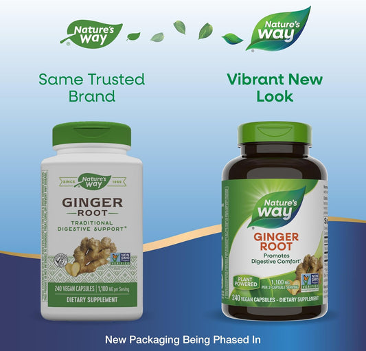 Nature'S Way Ginger Root, Promotes Digestive Comfort*, 1,100 Mg Per 2-Capsule Serving, Non-Gmo Project Verified, Vegan, 240 Capsules (Packaging May Vary)