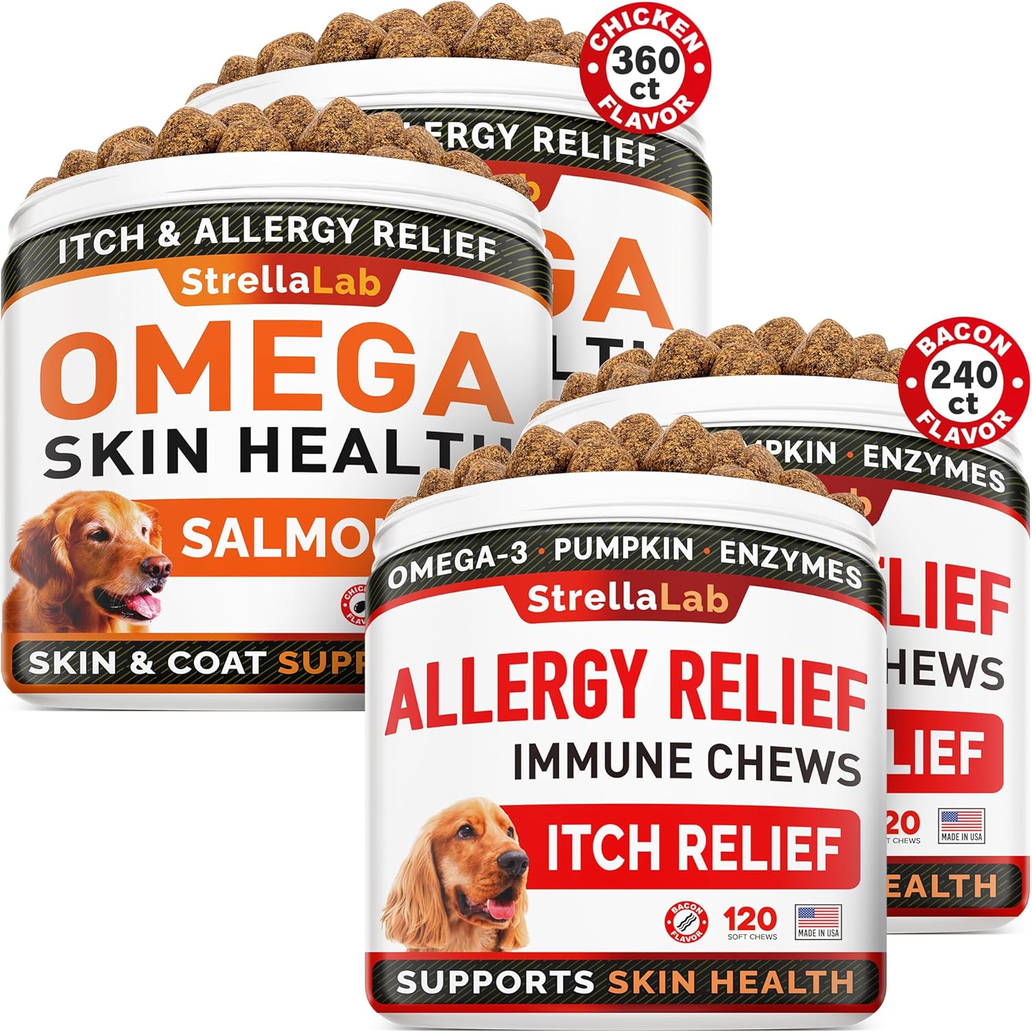 Omega 3 + Allergy Relief Dogs Bundle - Allergy & Itch Relief Skin&Coat Supplement + Itchy Skin Treatment - Omega 3 & Pumpkin - Hot Spots Treatment + Itching & Licking Treats - 600 Chews - Made In Usa