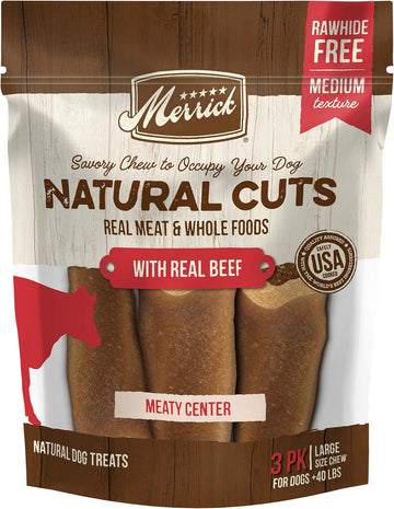 Merrick Natural Cuts Rawhide Free Dog Treats, Medium Texture Filled Dog Chew With Real Beef For Large Dogs - (Pack Of 6) 3 Ct. Pouches