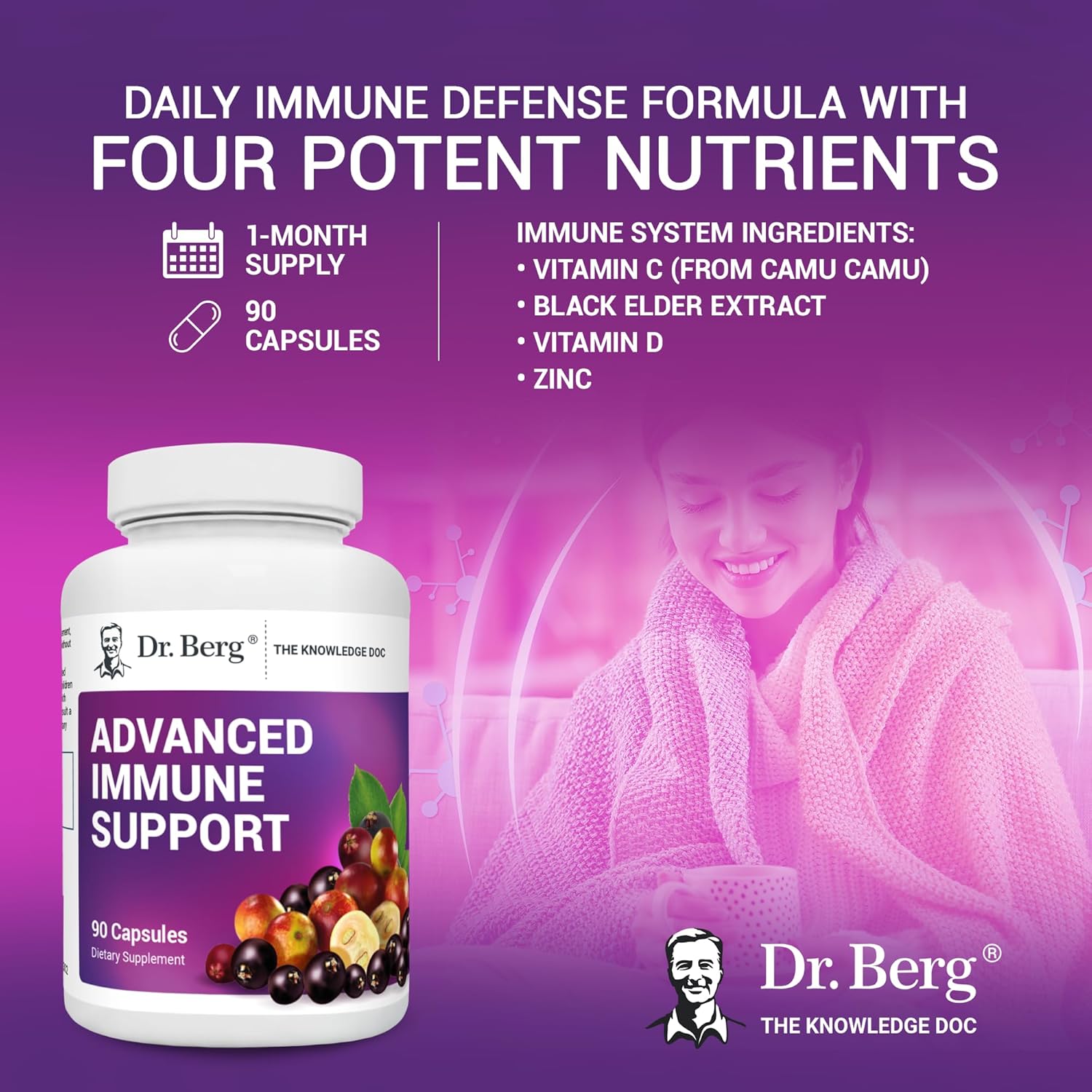 Dr. Berg's Advanced Immune Support - Daily Immunity Multi-System Defense Supplement with Vitamins C, D, Zinc, & Elderberry, 90 Vegetarian Capsules : Health & Household