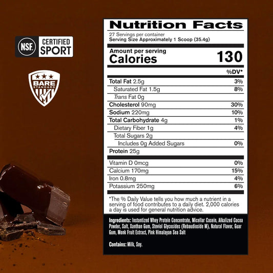 Bare Performance Nutrition, Bpn Whey Protein + Casein Protein Powder Blend, Fudge Chocolate, 25G Protein Per Serving Supports Lean Muscle Recovery, 27 Servings, Third Party Tested