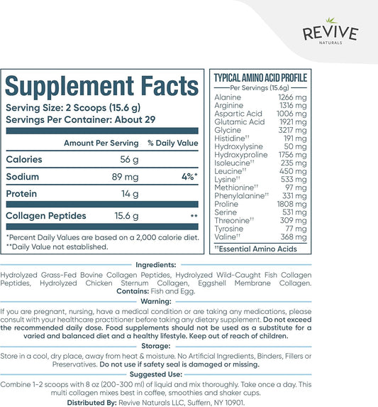 Revive Naturals Multi Collagen Hydrolyzed Protein Powder (16Oz) - Types I, Ii, Iii, V & X - Grass Fed Bovine, Wild Caught Marine, Free Roaming Chicken & Eggshell Collagen Peptides