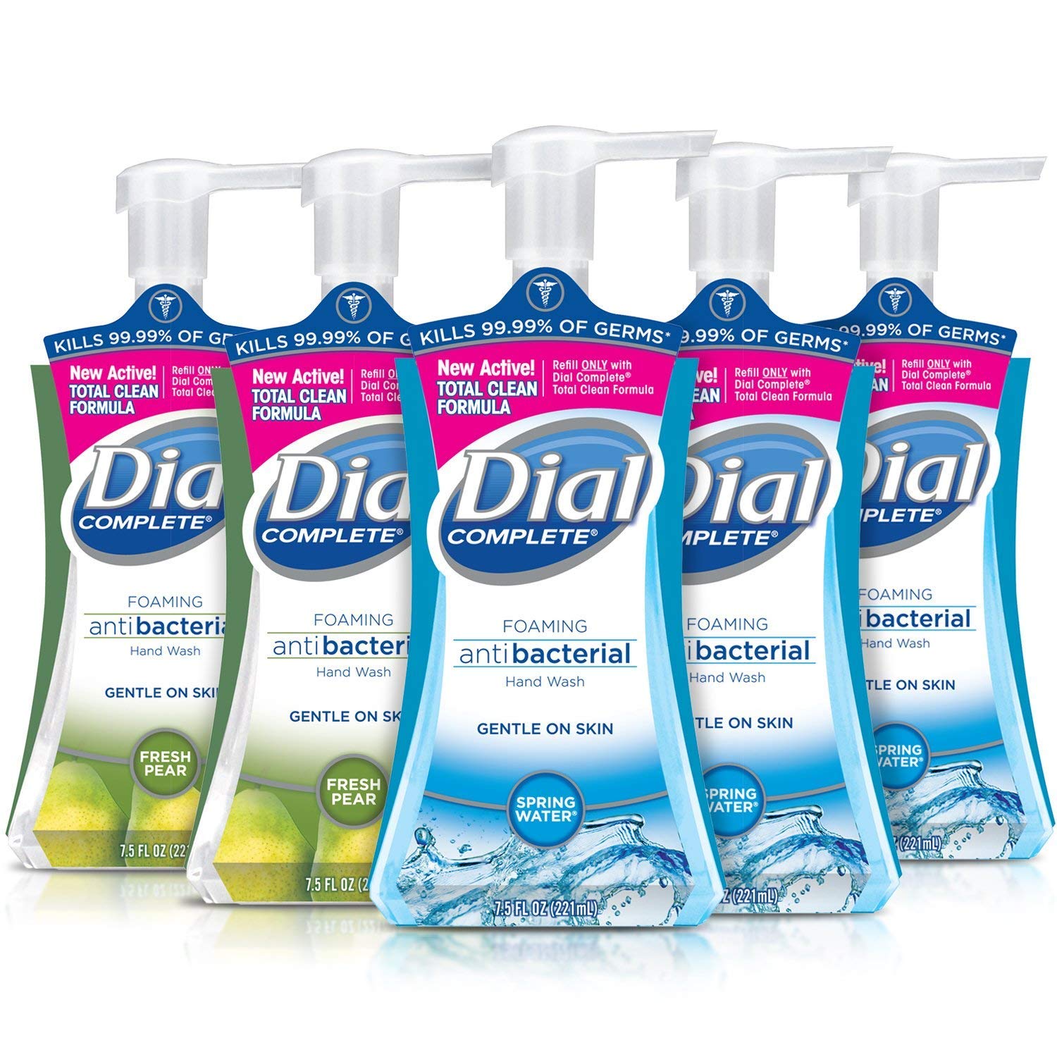 Dial Complete Antibacterial Foaming Hand Soap, 2-Scent Variety Pack, Spring Water/Fresh Pear, 7.5 Fluid Ounces Each , 5 Count (Pack Of 1)