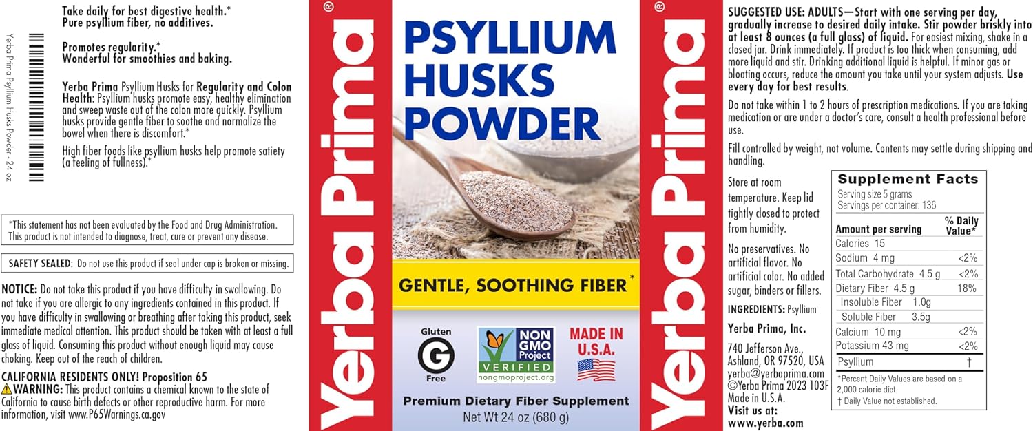 Yerba Prima Psyllium Husk Powder - 24 oz - Fine Ground, Unflavored, Sugar Free - Natural Fiber Supplement - Also for Baking - Contains Both Soluble & Insoluble Bulk for Regularity Support : Health & Household