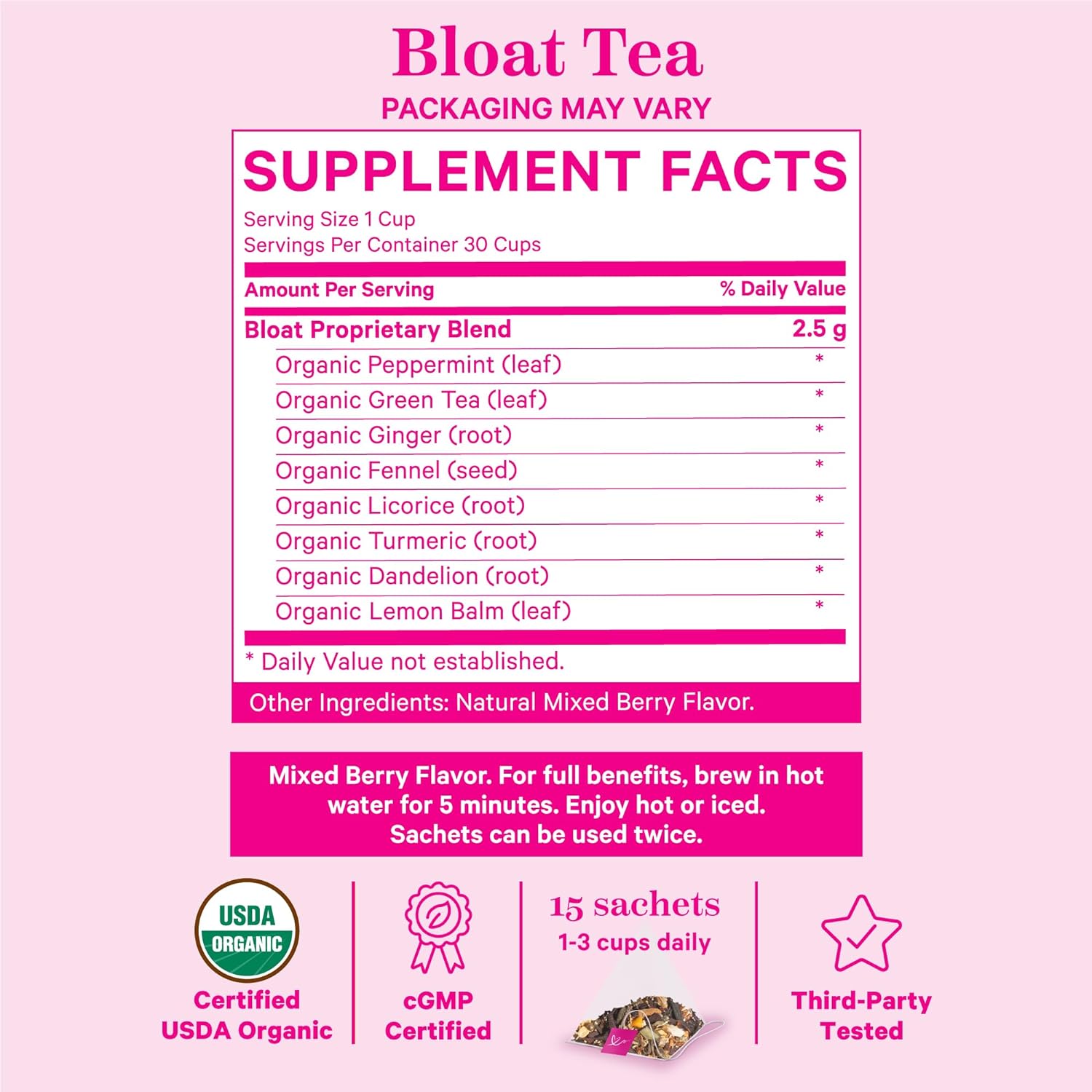 Pink Stork Bloat Tea: Organic Bloating Support for Women - Green Tea, Dandelion Root, and Turmeric - Natural Metabolism Support, Ease Digestion and Gas, Hot or Iced Tea - 15 Sachets, Berry : Health & Household