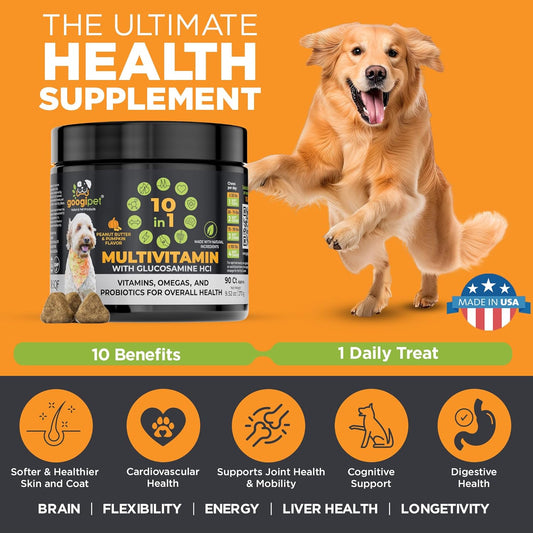 Googipet 10 in 1 Dog Multivitamin Chewable with Dog Probiotics for Gut Health, Dog Vitamins and Supplements w/Vitamin C & Glucosamine for Joint Support - Omega 3s (Peanut Butter & Pumpkin Flavor)