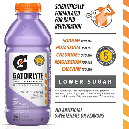 Gatorlyte Rapid Rehydration Electrolyte Beverage, Mixed Berry, 20Oz Bottles (12 Pack)