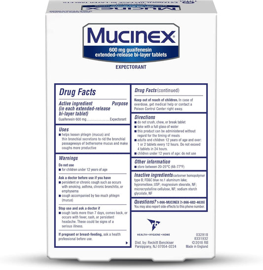 Mucinex 12 Hour 600 Mg Guaifenesin Extended-Release Tablets For Excess Mucus Relief, Expectorant Aids Excess Mucus Removal, Chest Congestion Relief, 80 Bi-Layer Tablets