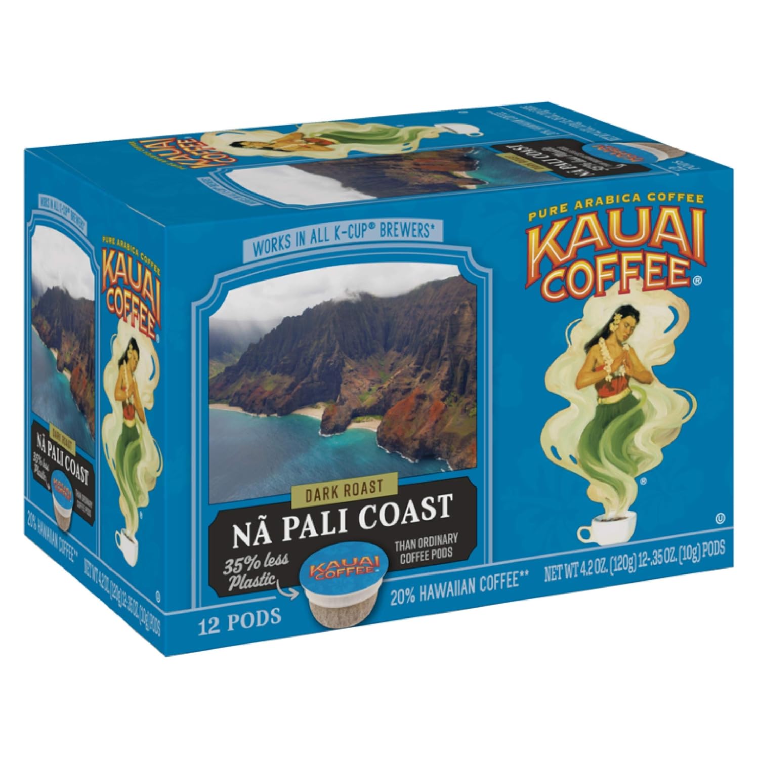 Kauai Coffee Na Pali Coast Dark Roast - Compatible with Keurig Pods K-Cup Brewers (4 Packs of 12 Single-Serve Cups)