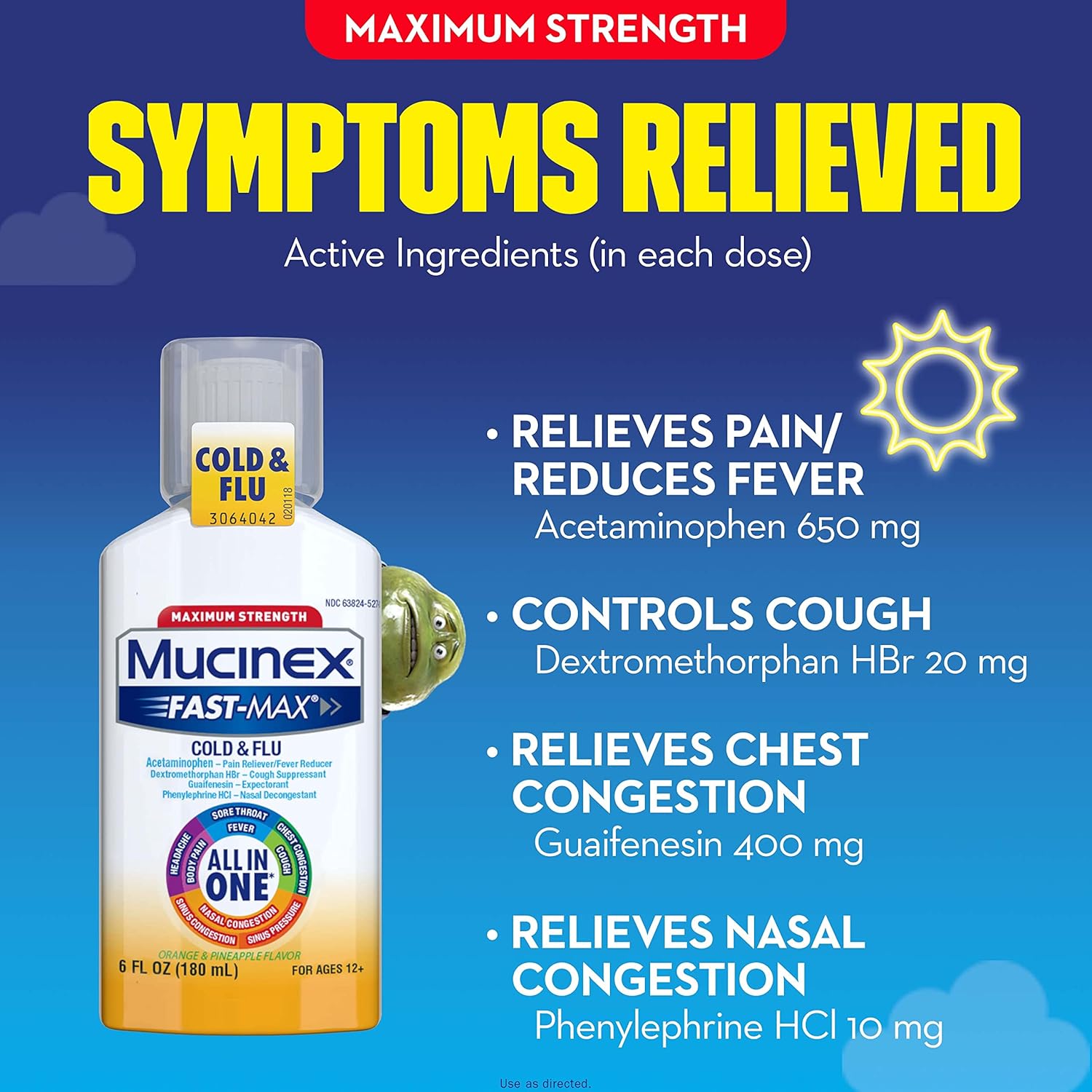 Mucinex Fast-Max Maximum Strength All-in-One Cold & Flu, Orange & Pineapple 6 oz : Health & Household