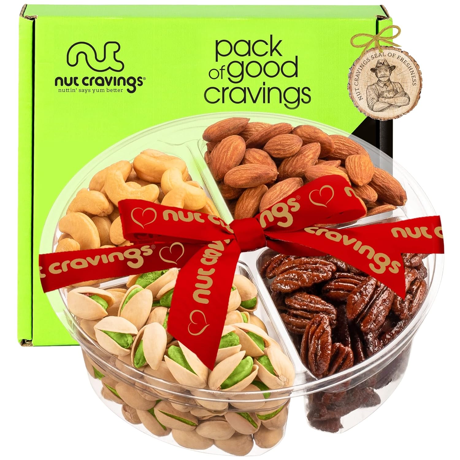 Nut Cravings Gourmet Collection - Mixed Nuts Gift Basket + Heart Ribbon (4 Assortments) Teacher Appreciation Arrangement Platter, Birthday Care Package - Healthy Kosher Usa Made