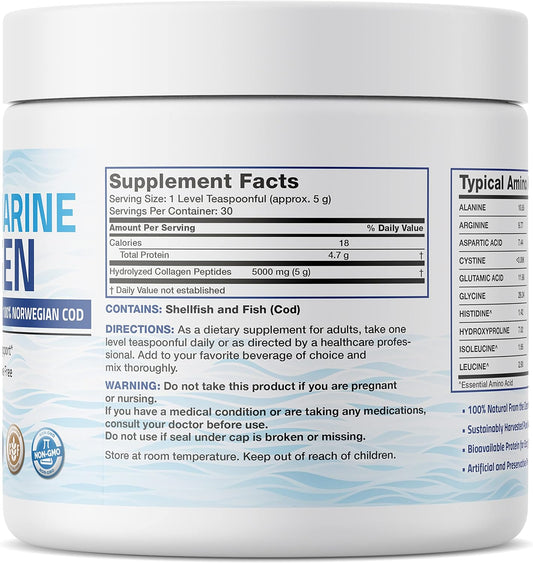 Bronson Marine Collagen Peptides Hydrolyzed Protein Powder 100% Wild Caught Nordic Cod Verified Sustainable Source For Joints Skin Hair Nails & Bones 150G (5.29Oz)