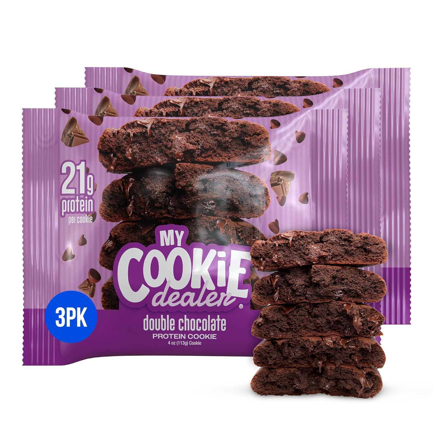 My Cookie Dealer Soft Baked Protein Cookies, Double Chocolate Chip Cookies, (3-Pack, 4Oz Cookie) - 21G Protein Per Cookie (Made With Raw Nutrition Protein) - Individually Wrapped Travel Snacks