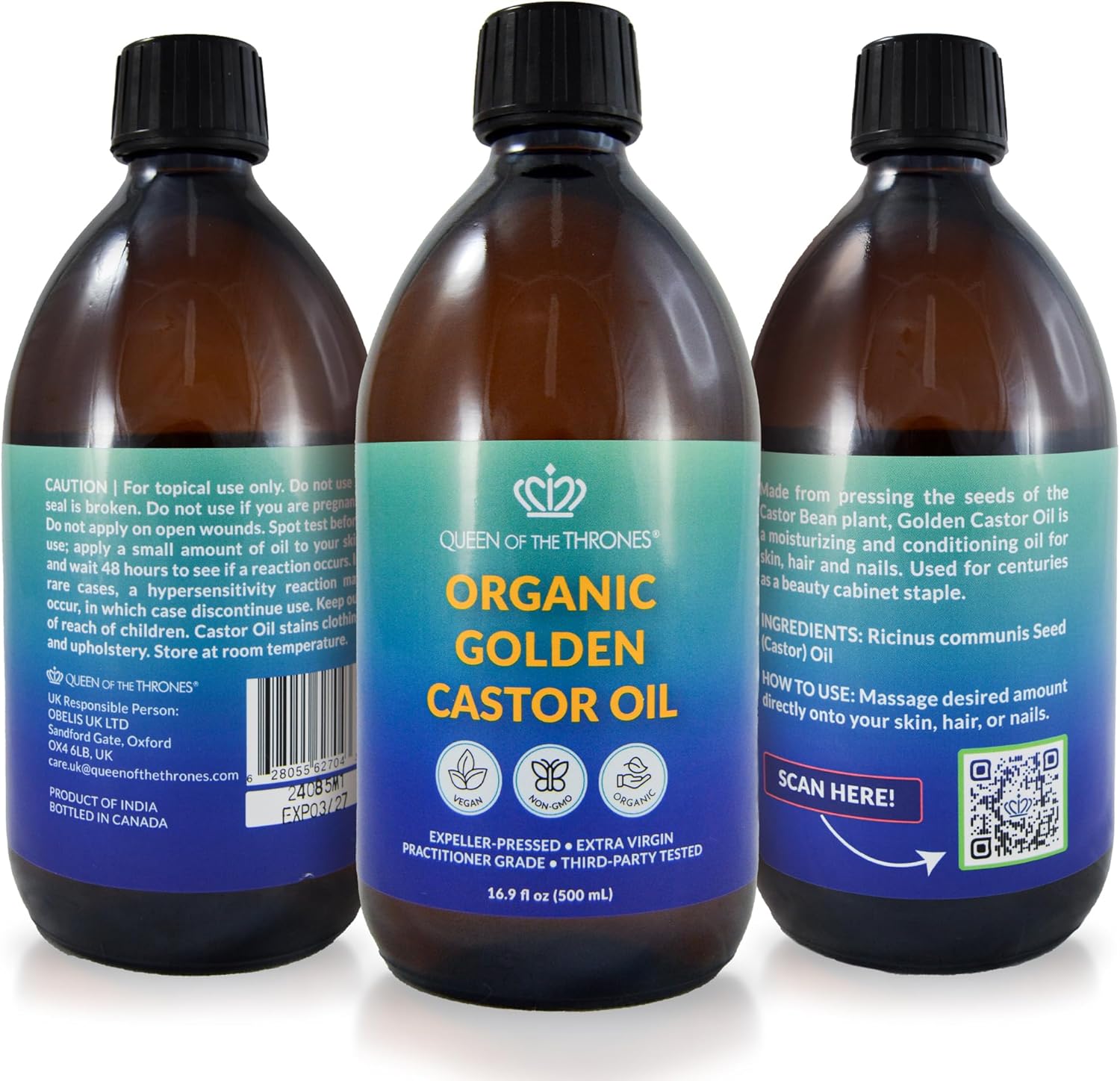 QUEEN OF THE THRONES Organic Golden Castor Oil - 500mL (16.9oz) | 100% Pure & Expeller-Pressed for Hair, Skin & Nails | Hexane Free | USDA Certified : Amazon.co.uk: Health & Personal Care